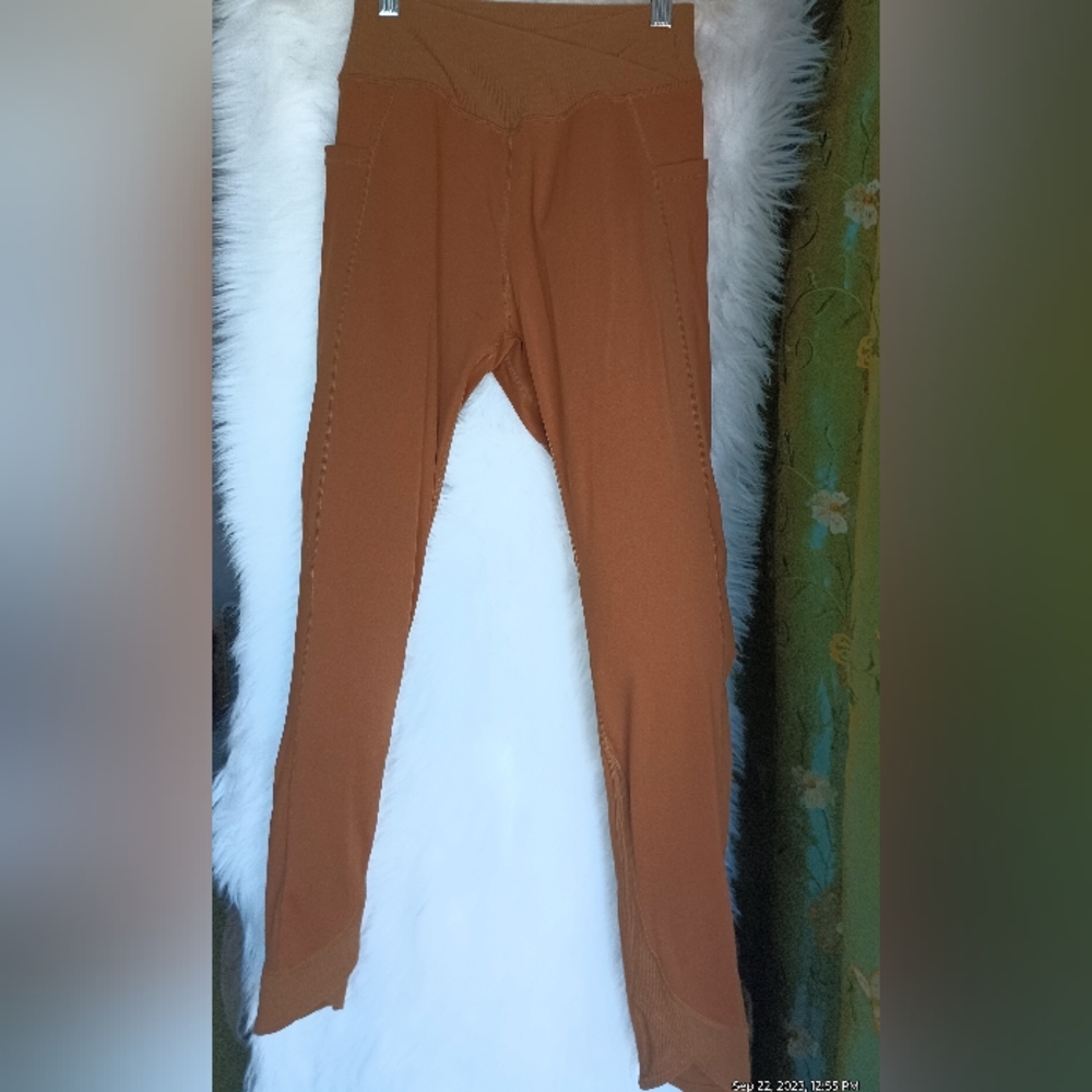 Nutmeg silky soft 4 leggings crossover waist ankle wrap tan toast earth